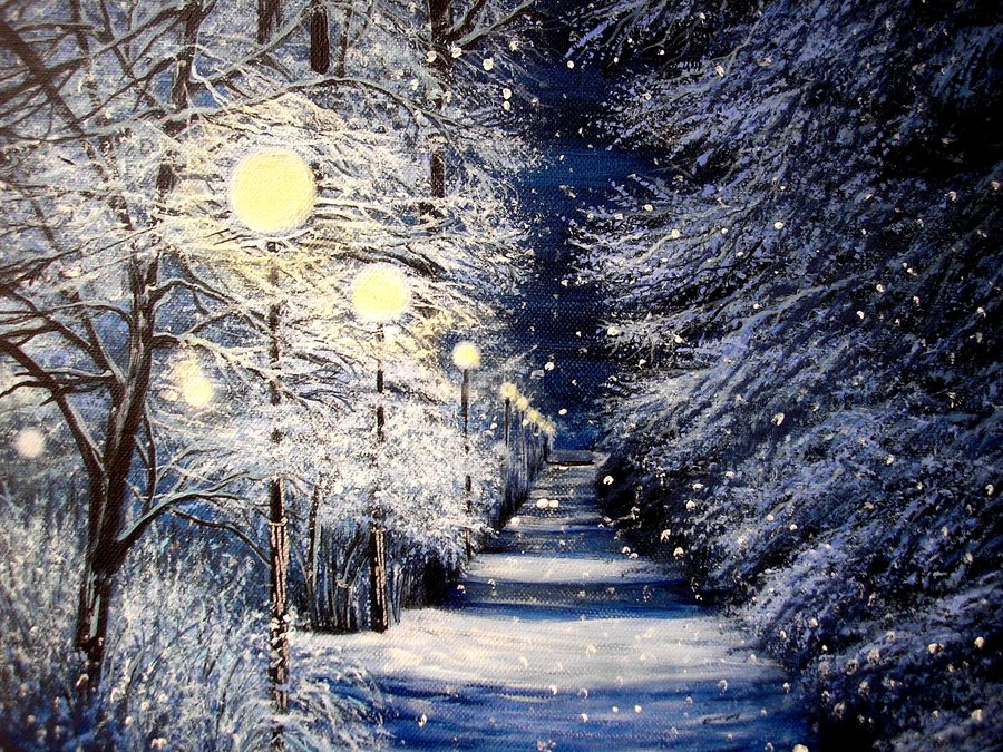 Night alley in winter park